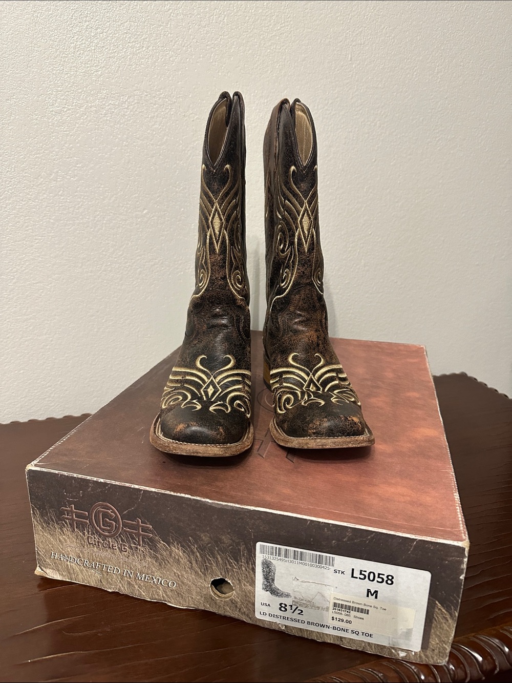 Circle G Distressed Brown Leather Heeled Boots with Bone Embroidery